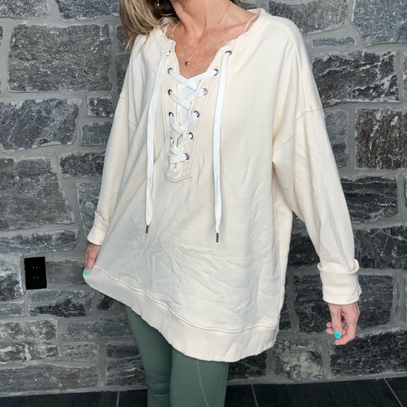 Aerie Oversized Lace Up Crew Sweatshirt in color Cream, size Large - Picture 14 of 15